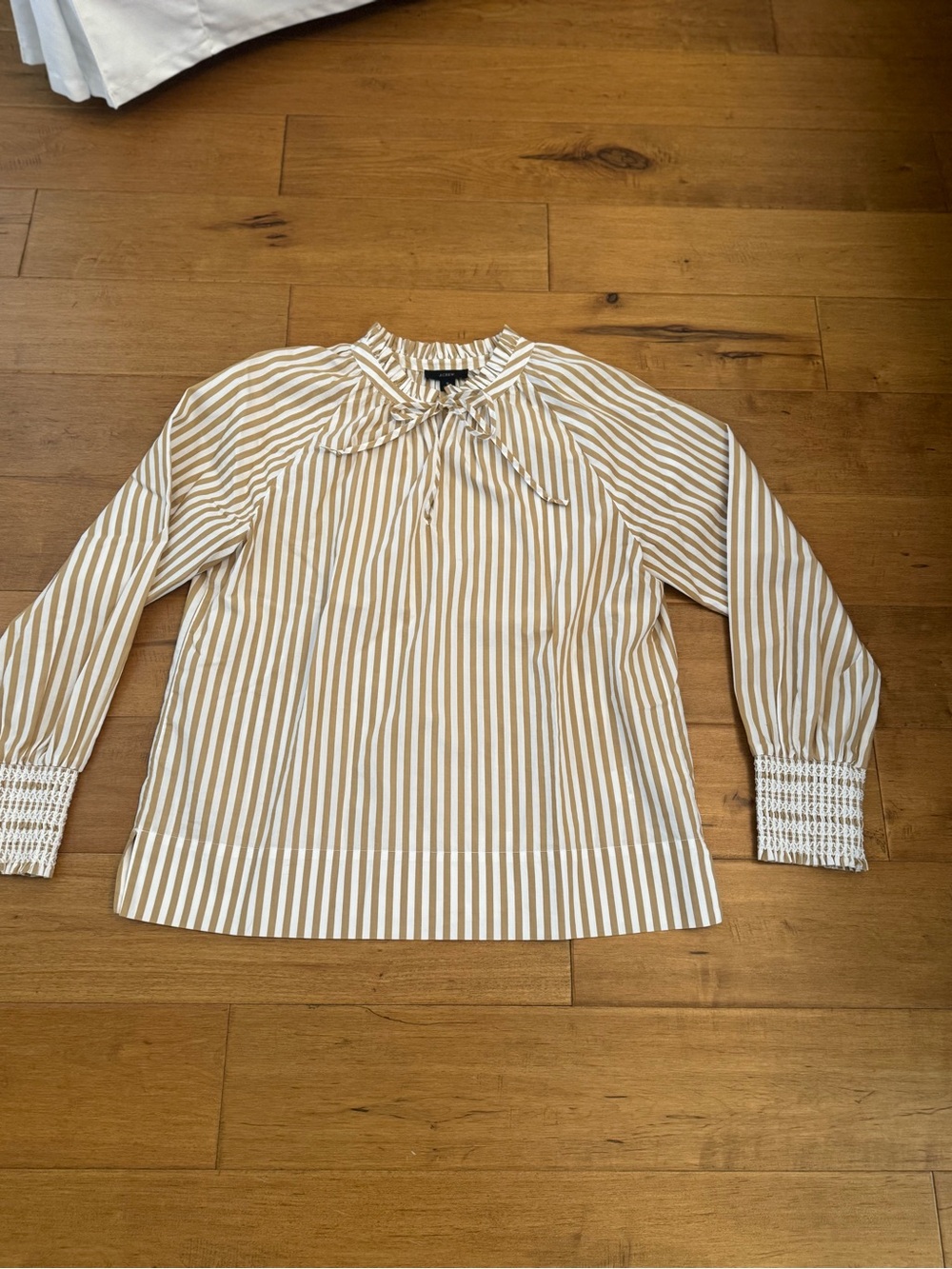 J. Crew Beige and White Striped Tie-Neck Blouse